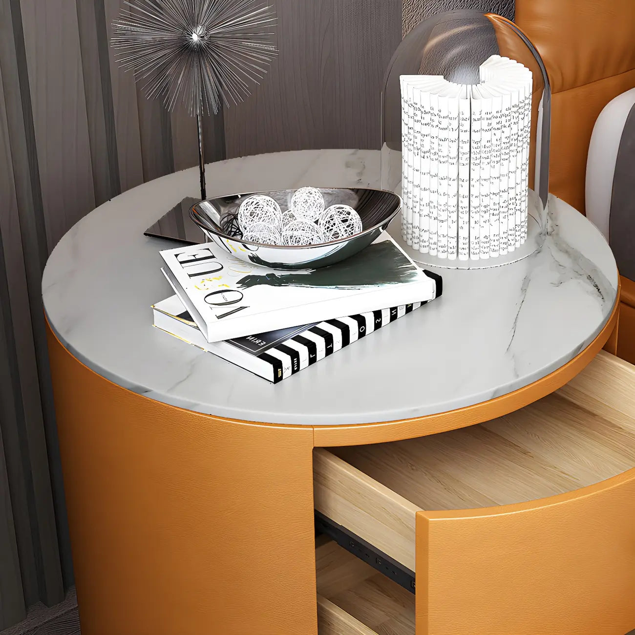Table de chevet ronde moderne en similicuir gris avec deux tiroirs