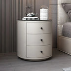 Table de chevet ronde moderne en similicuir gris avec deux tiroirs