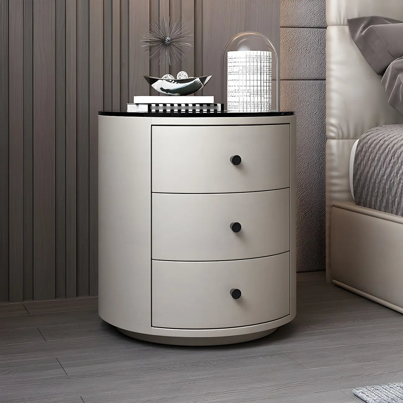 Table de chevet ronde moderne en similicuir gris avec deux tiroirs
