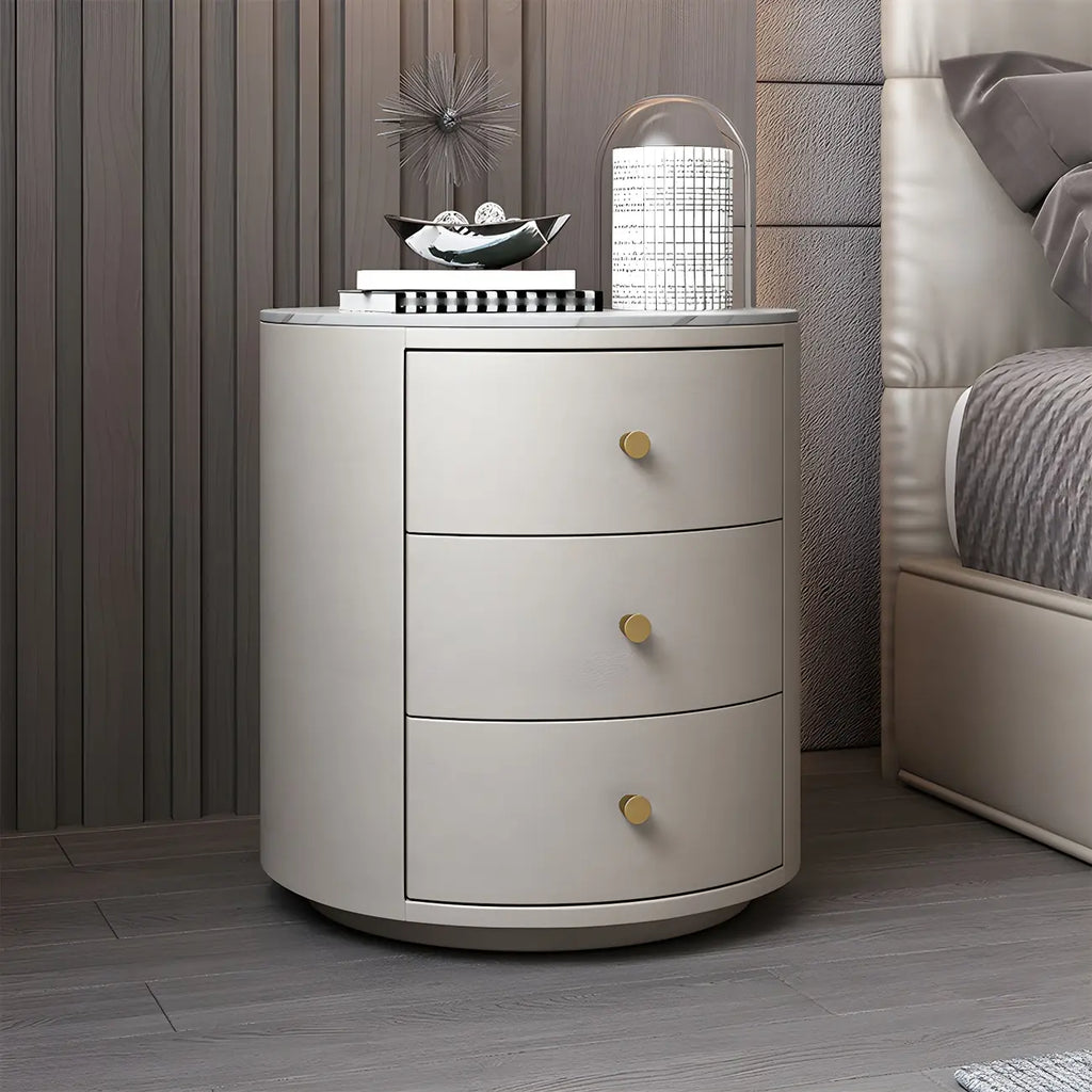 Table de chevet ronde moderne en similicuir gris avec deux tiroirs