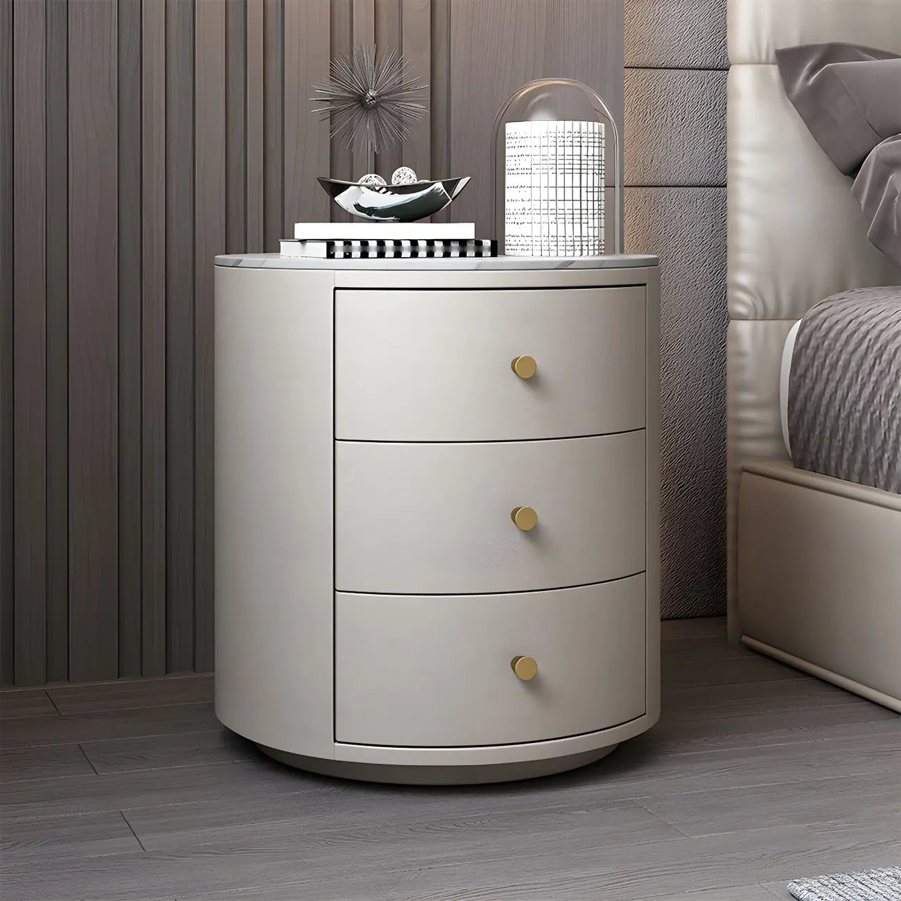 Table de chevet ronde moderne en similicuir gris avec deux tiroirs
