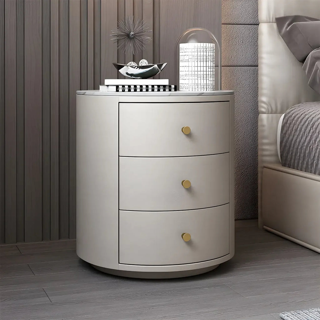 Table de chevet ronde moderne en similicuir gris avec deux tiroirs