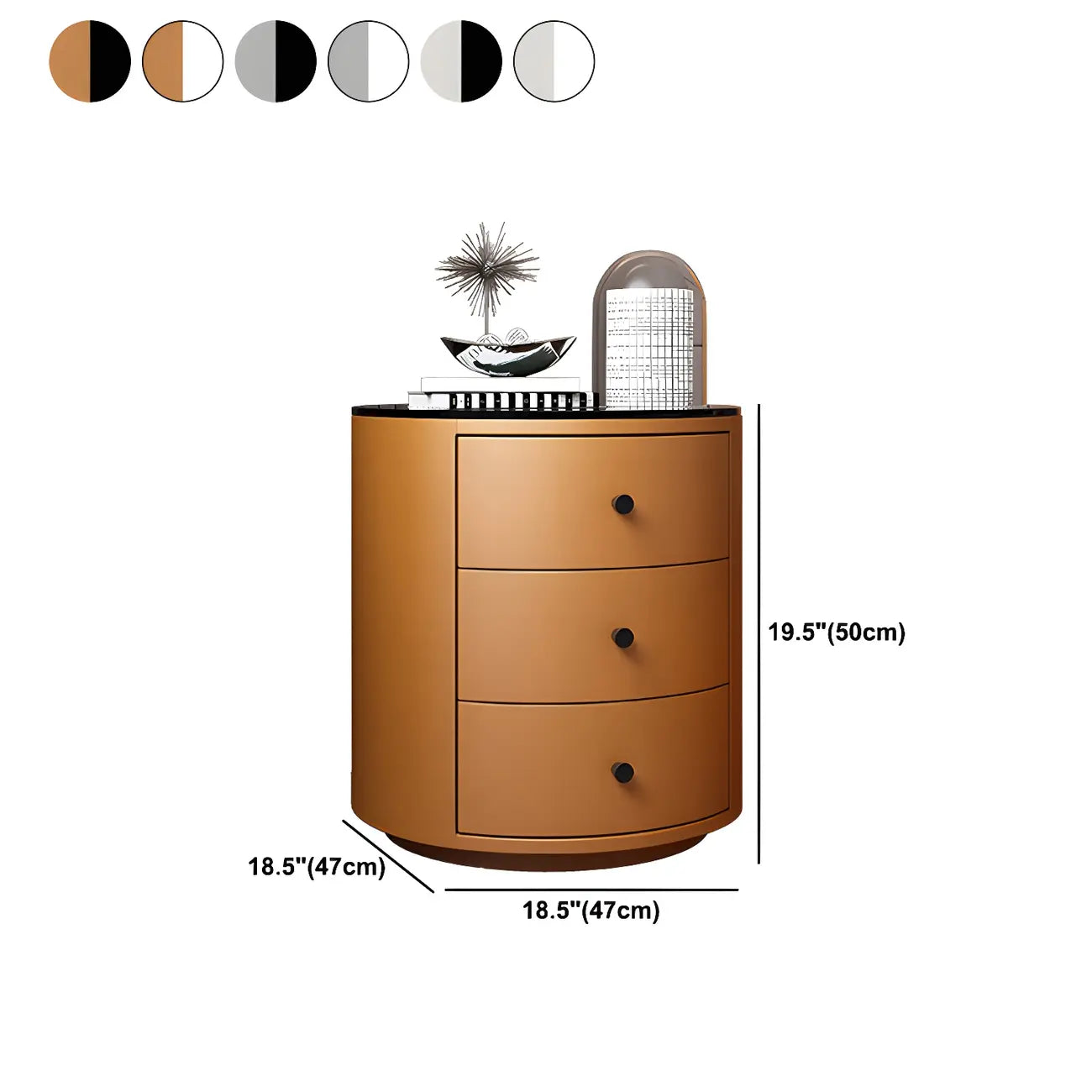 Table de chevet ronde moderne en similicuir gris avec deux tiroirs