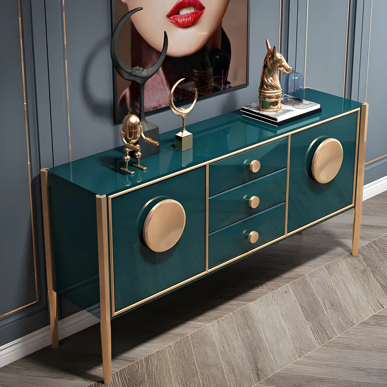 Buffet moderne en bois brillant avec tiroirs et placards