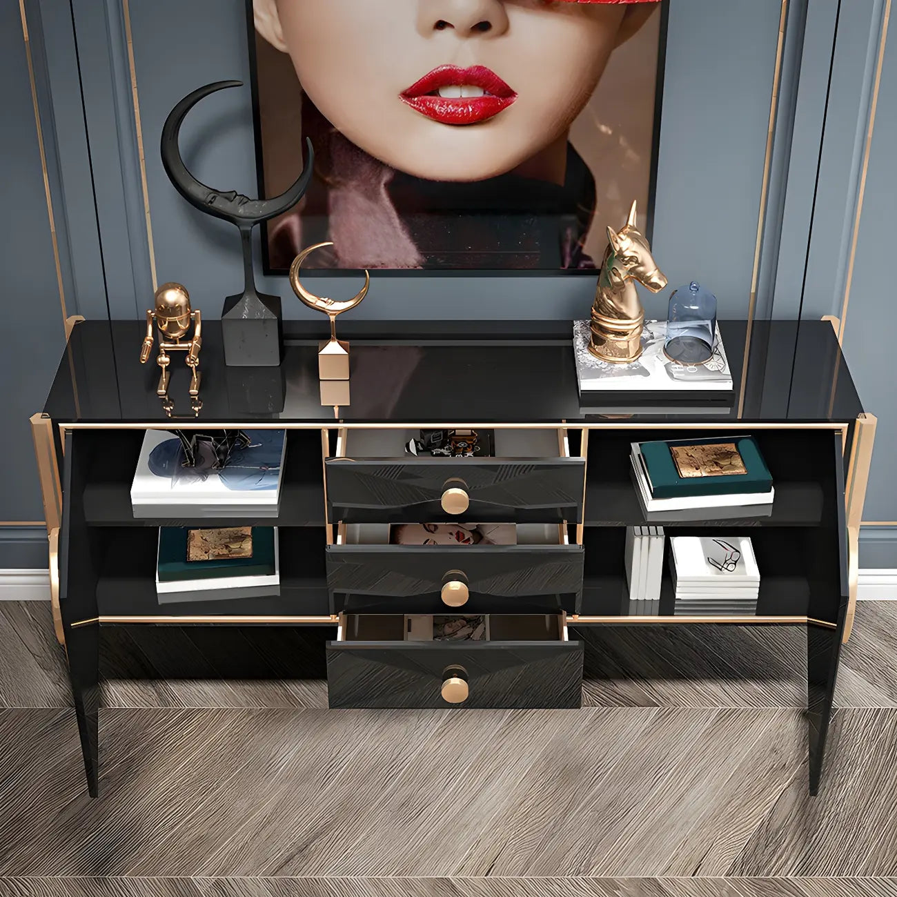 Buffet moderne en bois brillant avec tiroirs et placards