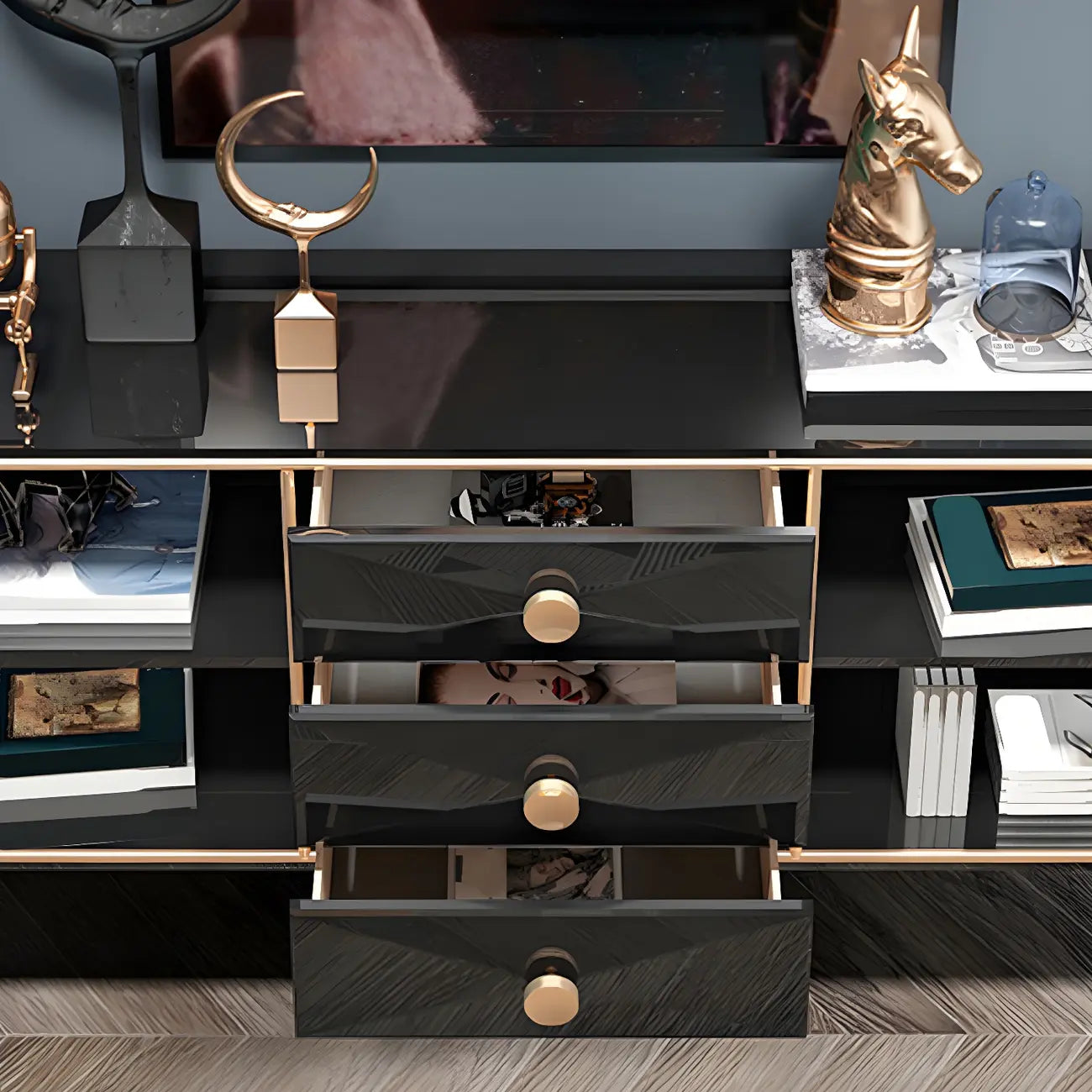 Buffet moderne en bois brillant avec tiroirs et placards