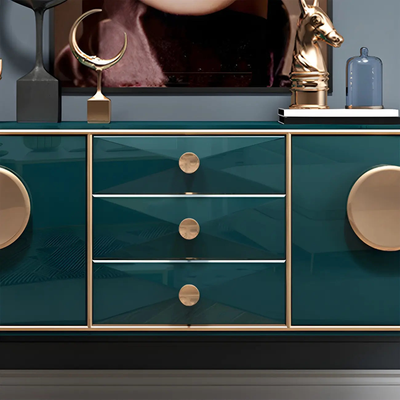Buffet moderne en bois brillant avec tiroirs et placards