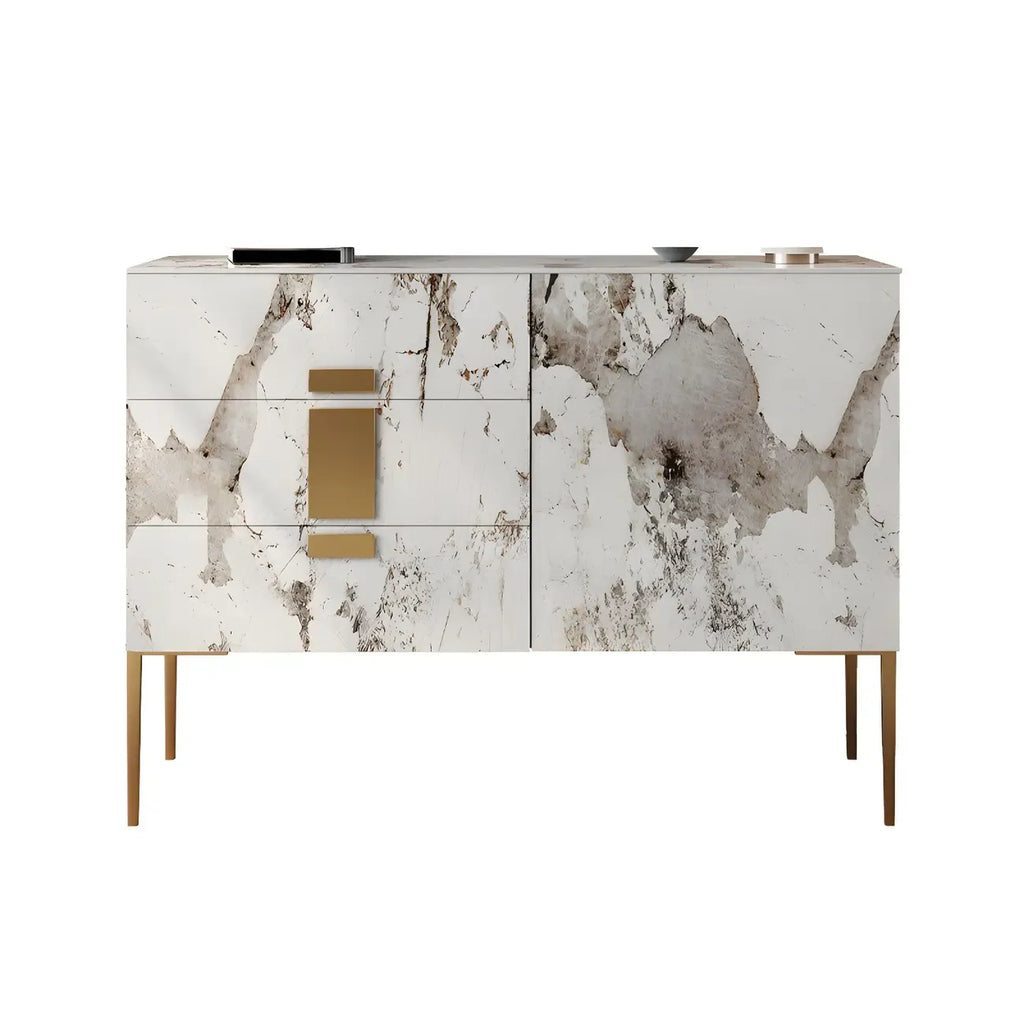 Buffet artistique avec plateau en pierre blanche et tiroirs