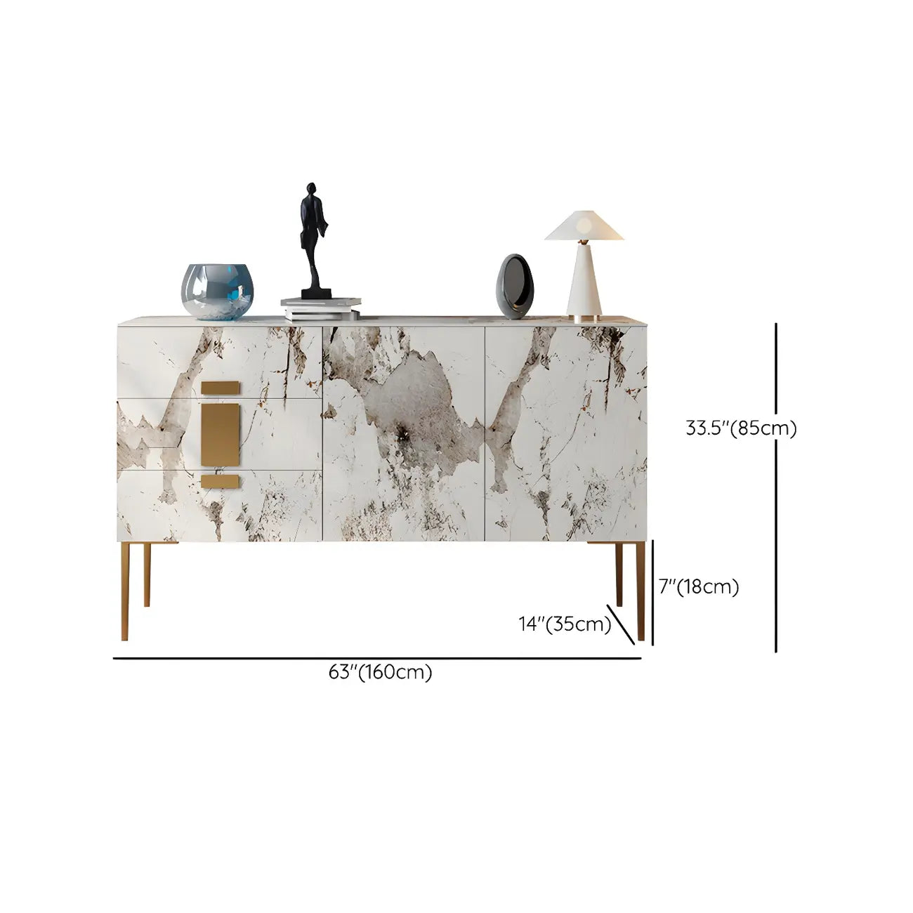 Buffet artistique avec plateau en pierre blanche et tiroirs