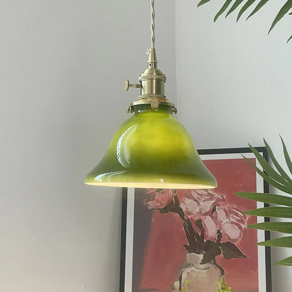 Suspension vintage en forme de dôme vert avec verre brillant pour salon