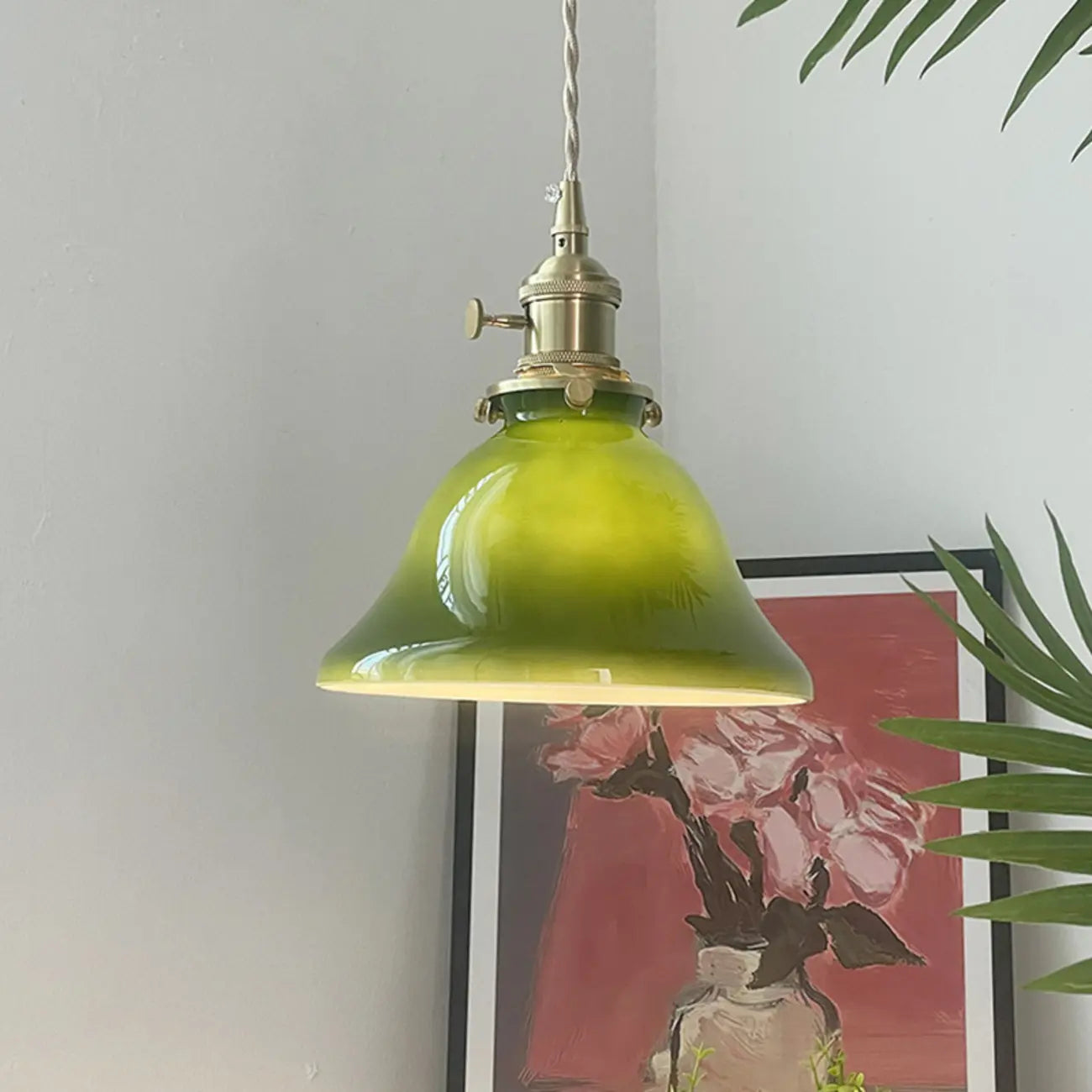 Suspension vintage en forme de dôme vert avec verre brillant pour salon