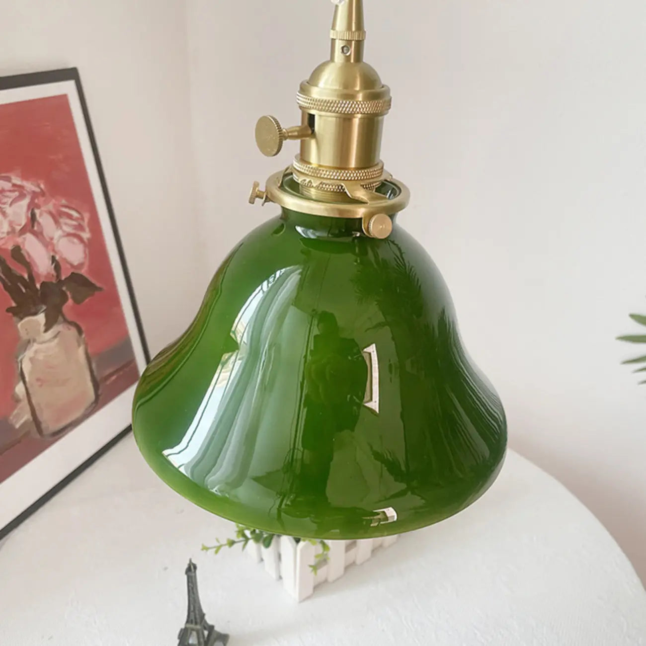 Suspension vintage en forme de dôme vert avec verre brillant pour salon