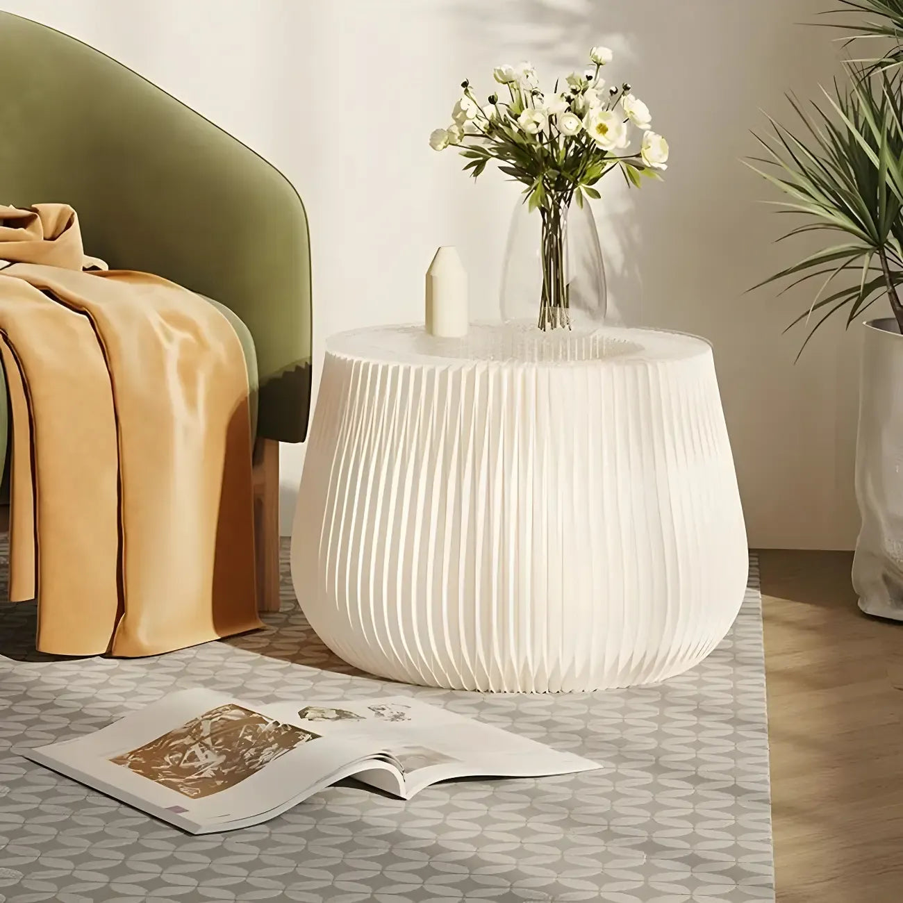 Table d'appoint ronde pliable blanche de style tambour avec rangement