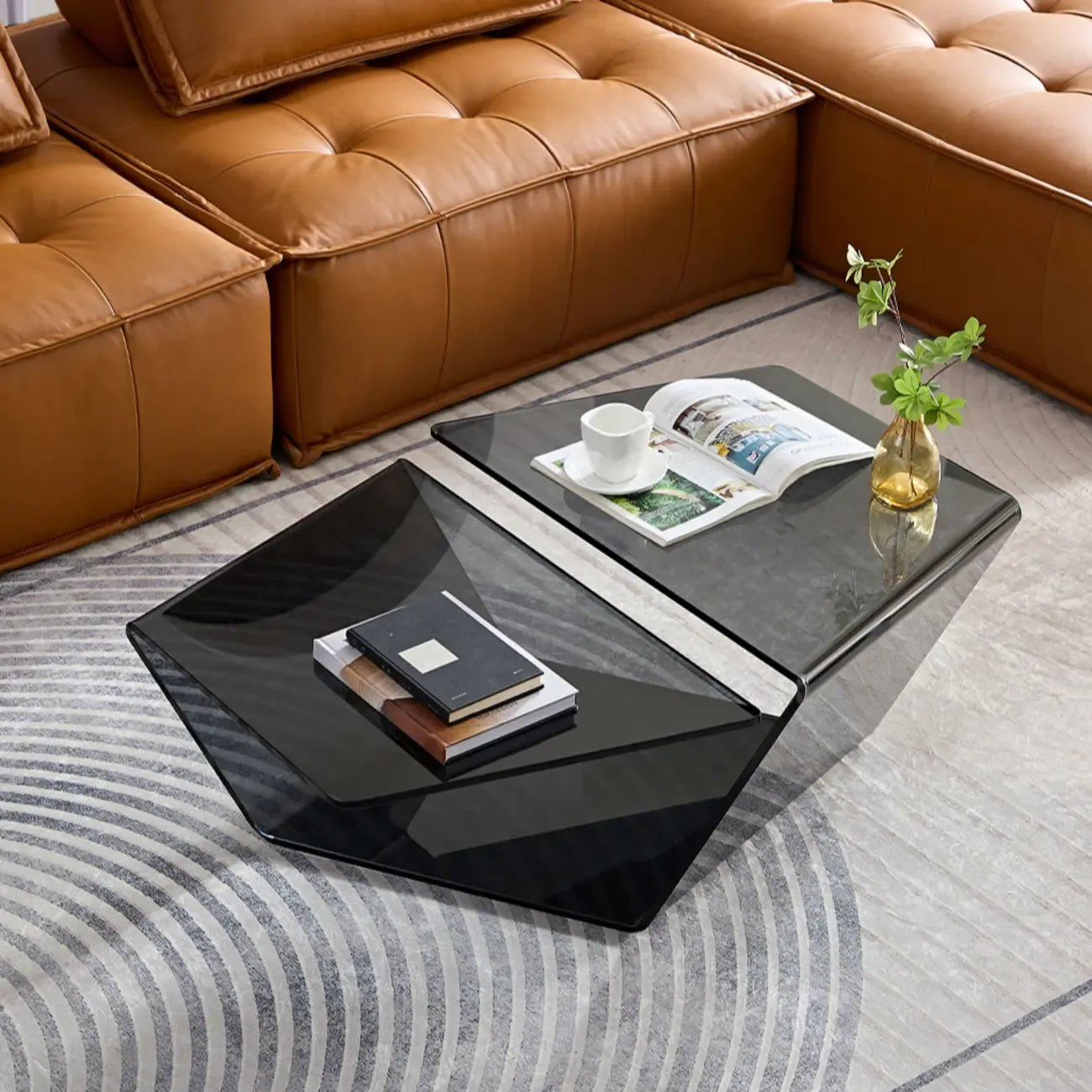 Table basse géométrique moderne en verre noir aux formes libres