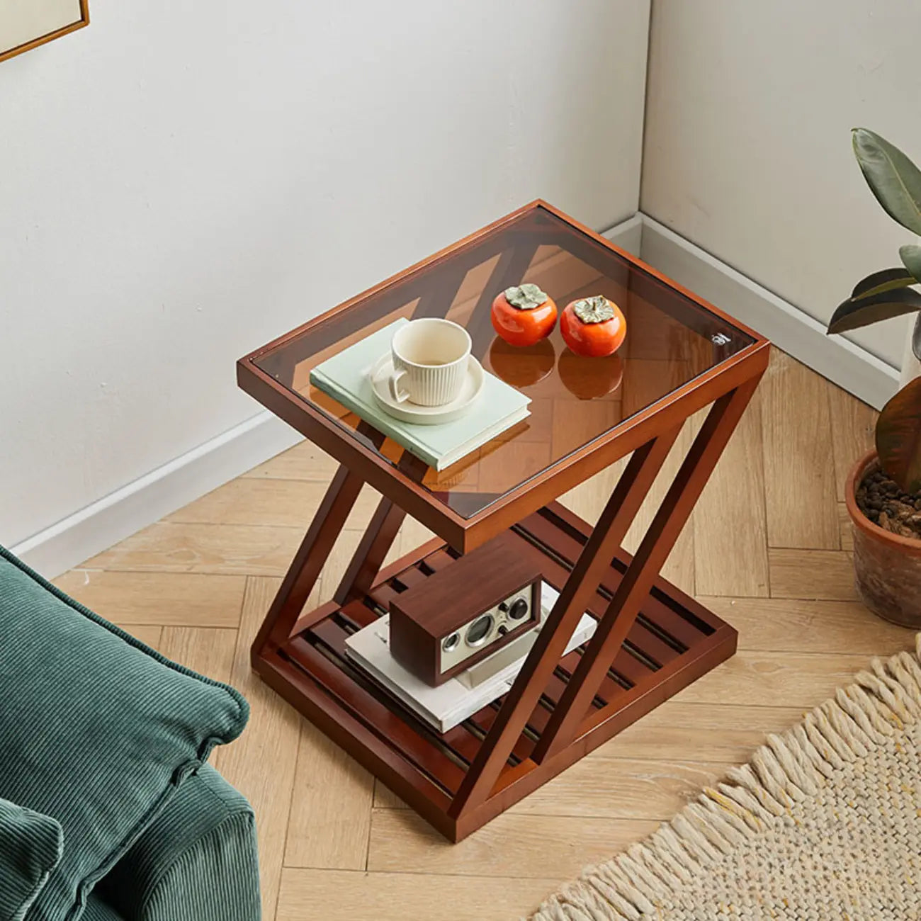 Tavolino a 2 ripiani in legno con piano in vetro per soggiorno
