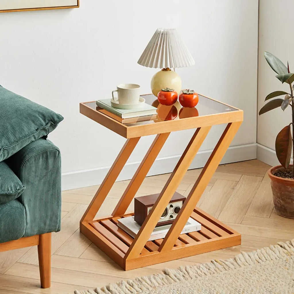 Tavolino a 2 ripiani in legno con piano in vetro per soggiorno