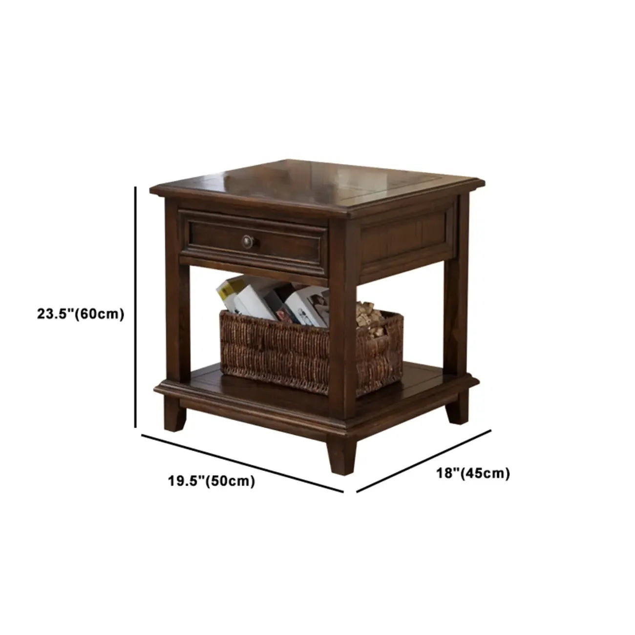 Table de chevet traditionnelle en bois brun avec tiroirs et rangement ouvert