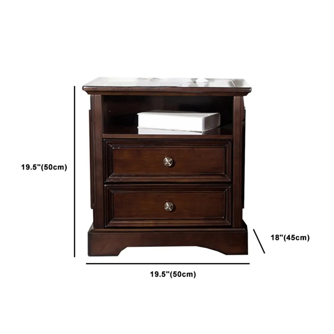 Table de chevet traditionnelle en bois brun avec tiroirs et rangement ouvert