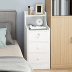Table de chevet étroite en bois blanc avec tiroirs et étagère