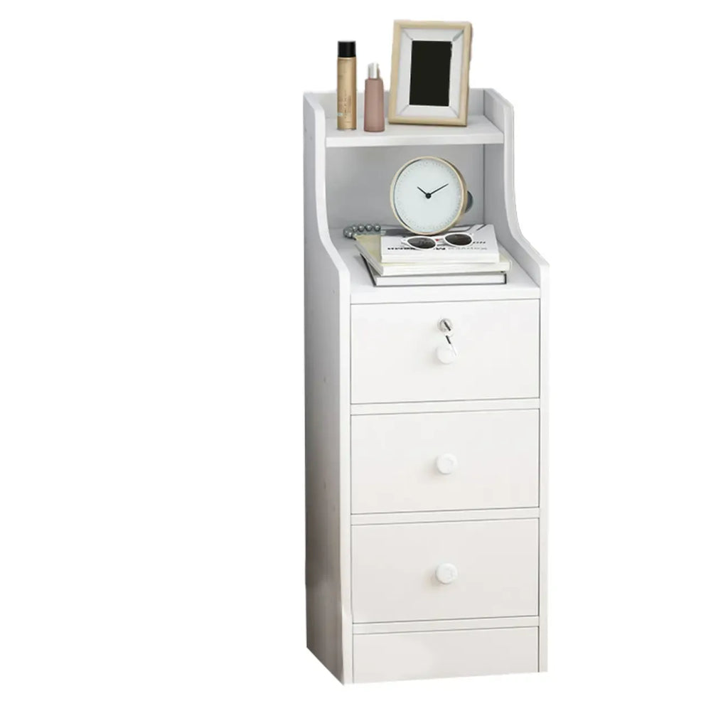 Table de chevet étroite en bois blanc avec tiroirs et étagère