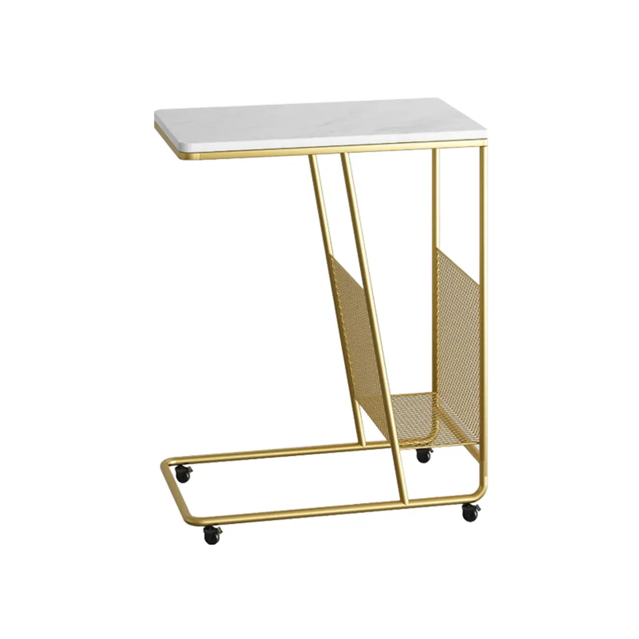 Table d'appoint en métal en forme de C avec plateau en marbre et porte-revues intégré