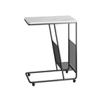 Table d'appoint en métal en forme de C avec plateau en marbre et porte-revues intégré