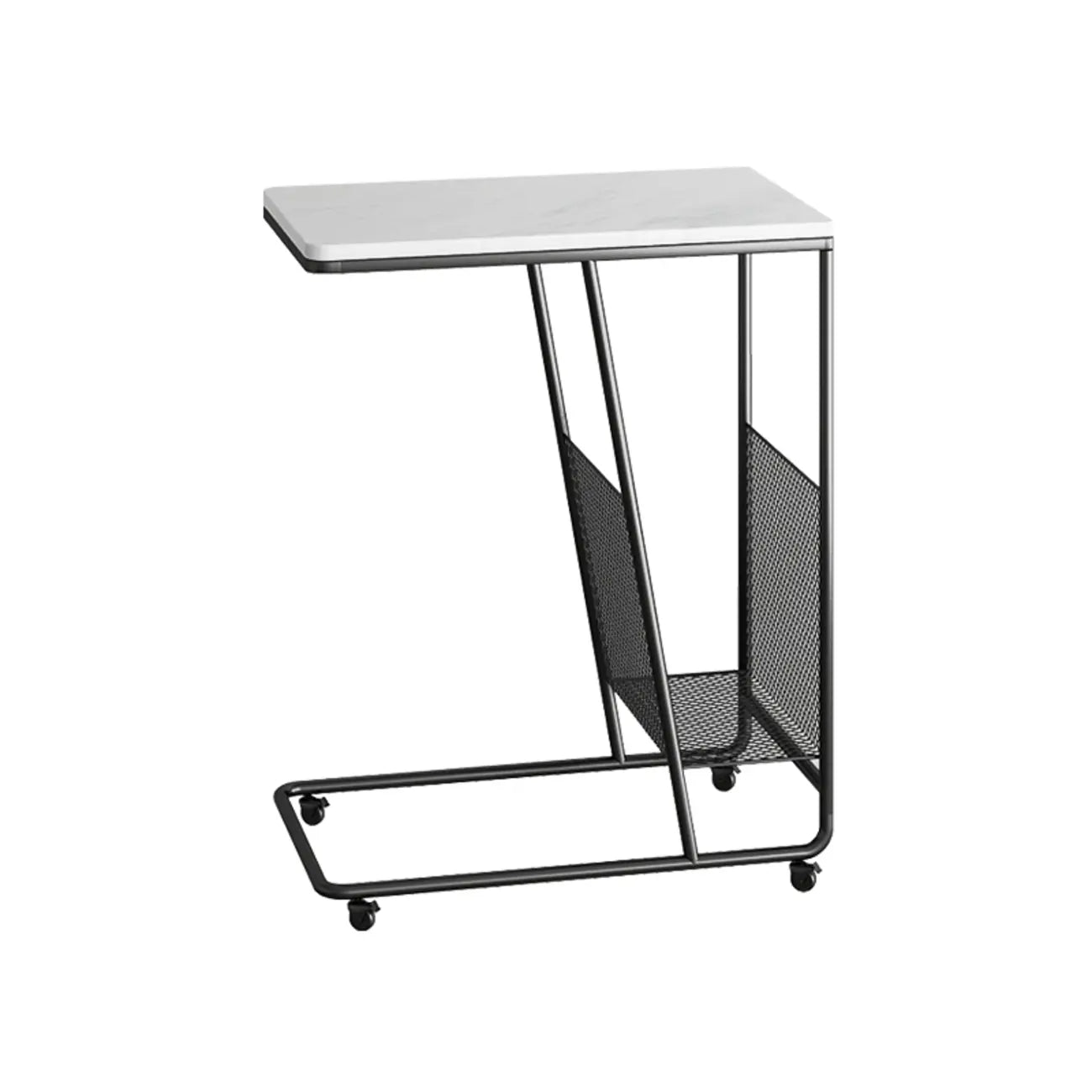 Table d'appoint en métal en forme de C avec plateau en marbre et porte-revues intégré