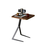 Table d'appoint ronde en bois brun de forme C avec pieds en métal