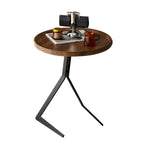 Table d'appoint ronde en bois brun de forme C avec pieds en métal