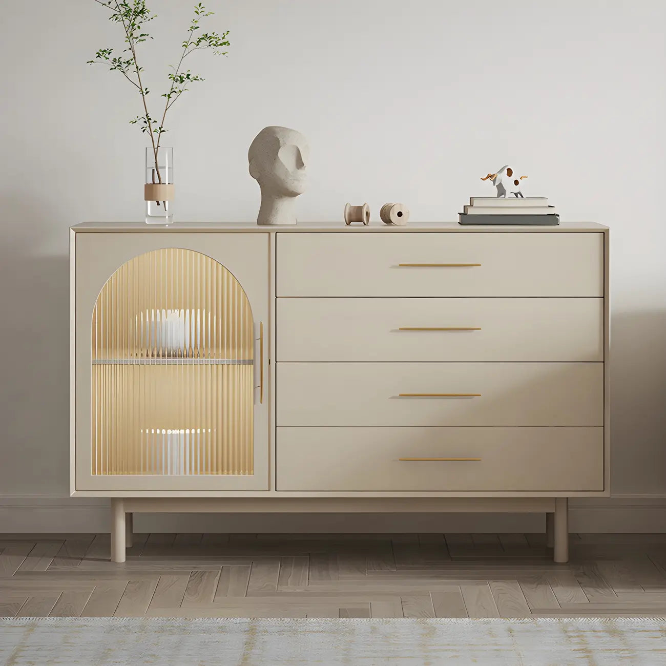 Buffet élégant en bois blanc avec tiroirs et portes vitrées