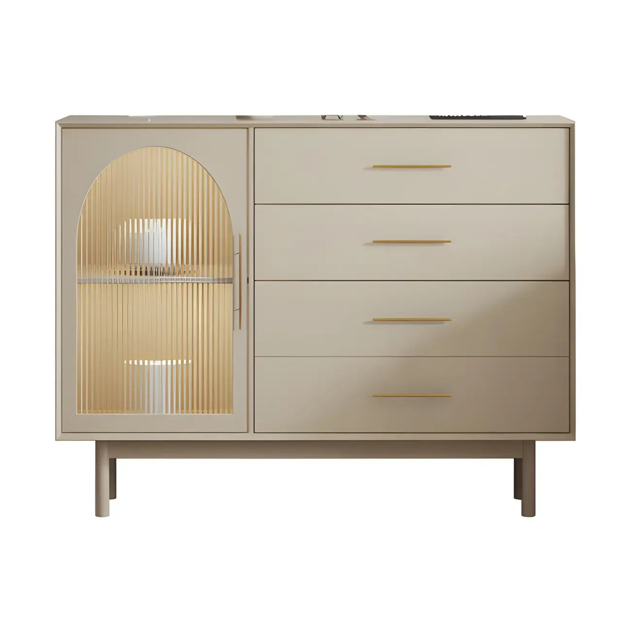 Buffet élégant en bois blanc avec tiroirs et portes vitrées