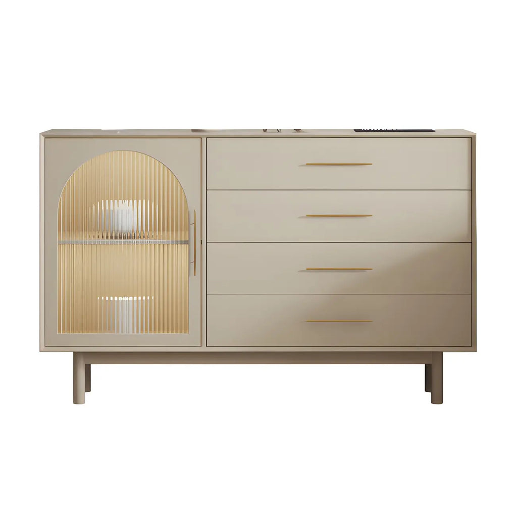 Buffet élégant en bois blanc avec tiroirs et portes vitrées
