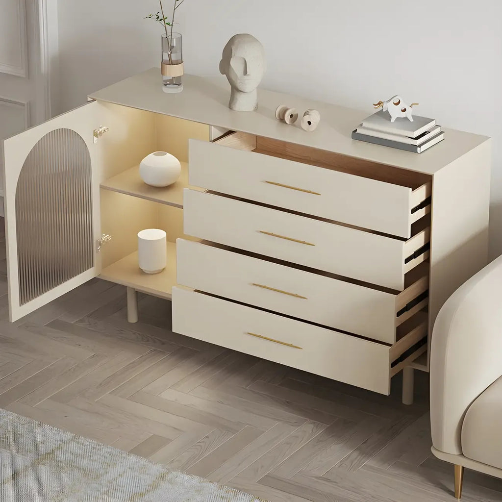 Buffet élégant en bois blanc avec tiroirs et portes vitrées