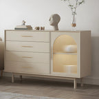 Buffet élégant en bois blanc avec tiroirs et portes vitrées