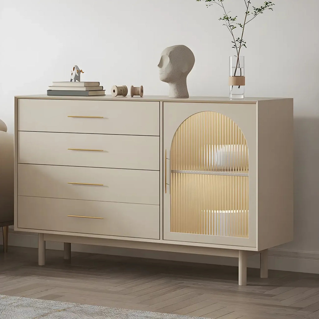Buffet élégant en bois blanc avec tiroirs et portes vitrées