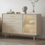 Buffet élégant en bois blanc avec tiroirs et portes vitrées
