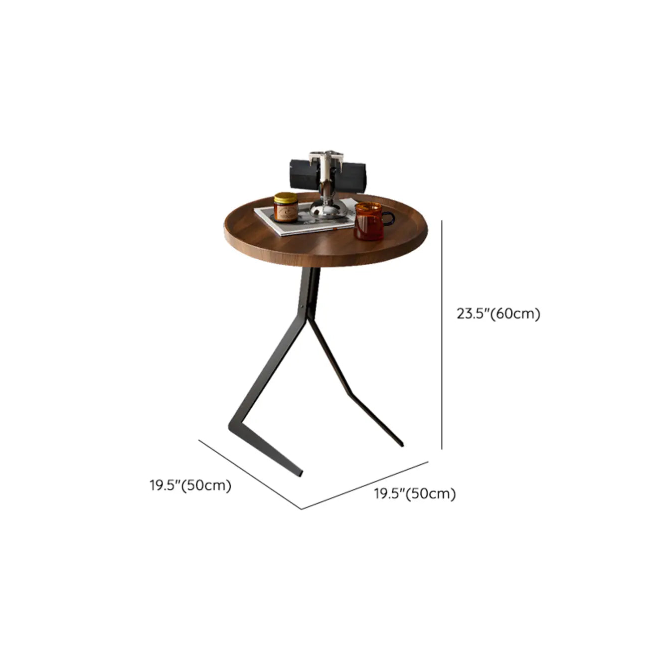 Table d'appoint ronde en bois brun de forme C avec pieds en métal