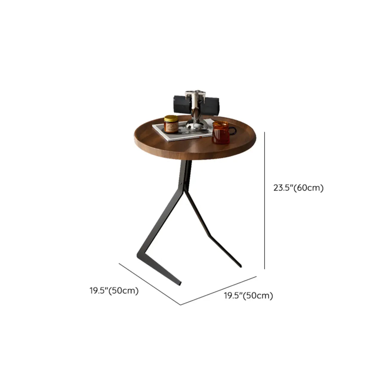 Table d'appoint ronde en bois brun de forme C avec pieds en métal