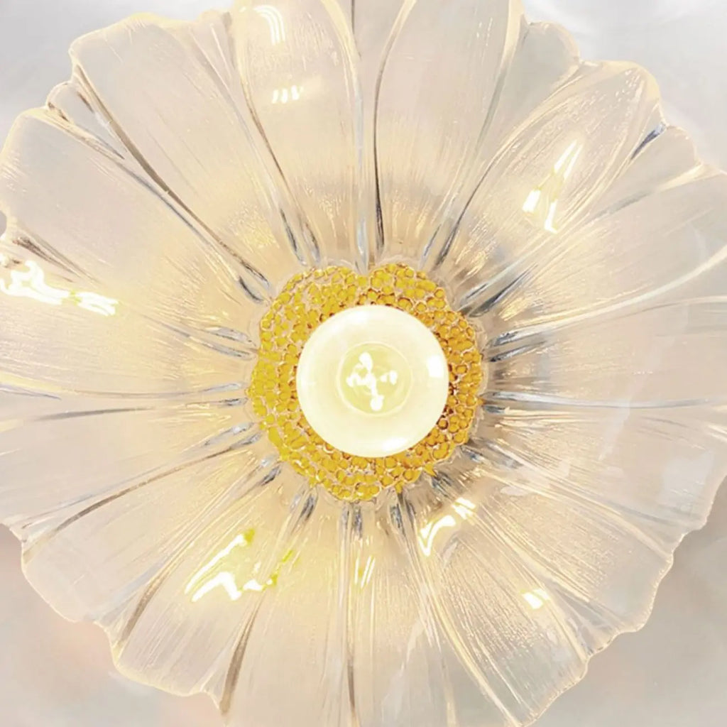 Suspension moderne en verre transparent avec abat-jour marguerite et accessoires dorés