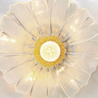 Suspension moderne en verre transparent avec abat-jour marguerite et accessoires dorés