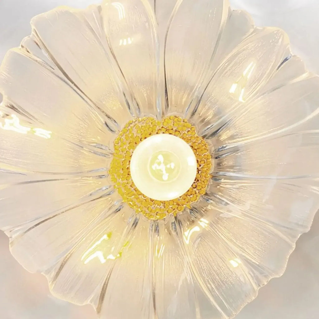 Suspension moderne en verre transparent avec abat-jour marguerite et accessoires dorés