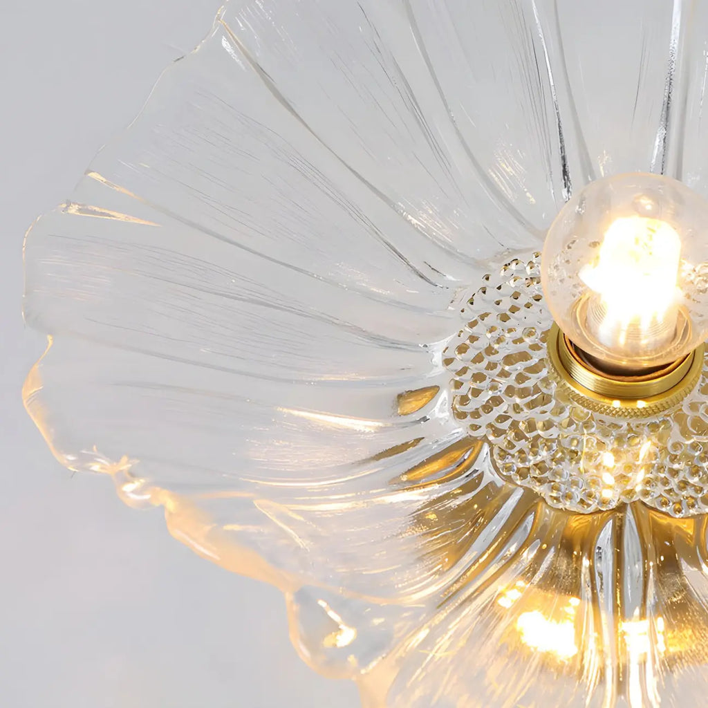Suspension moderne en verre transparent avec abat-jour marguerite et accessoires dorés