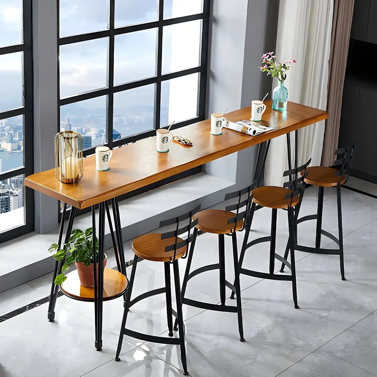 Ensemble de bar élégant en bois massif avec tabourets stylés pour la maison