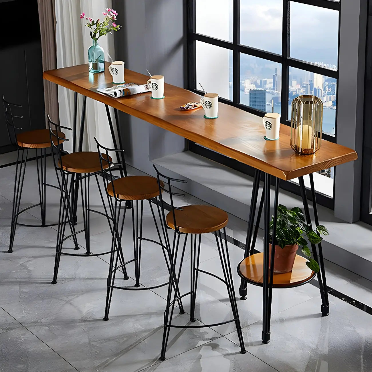 Ensemble de bar élégant en bois massif avec tabourets stylés pour la maison