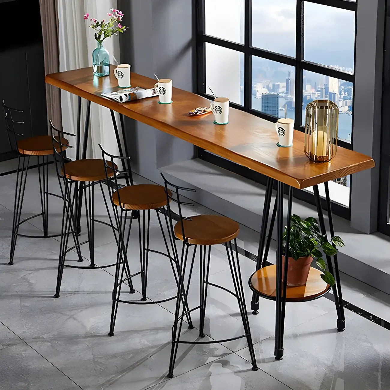 Ensemble de bar élégant en bois massif avec tabourets stylés pour la maison