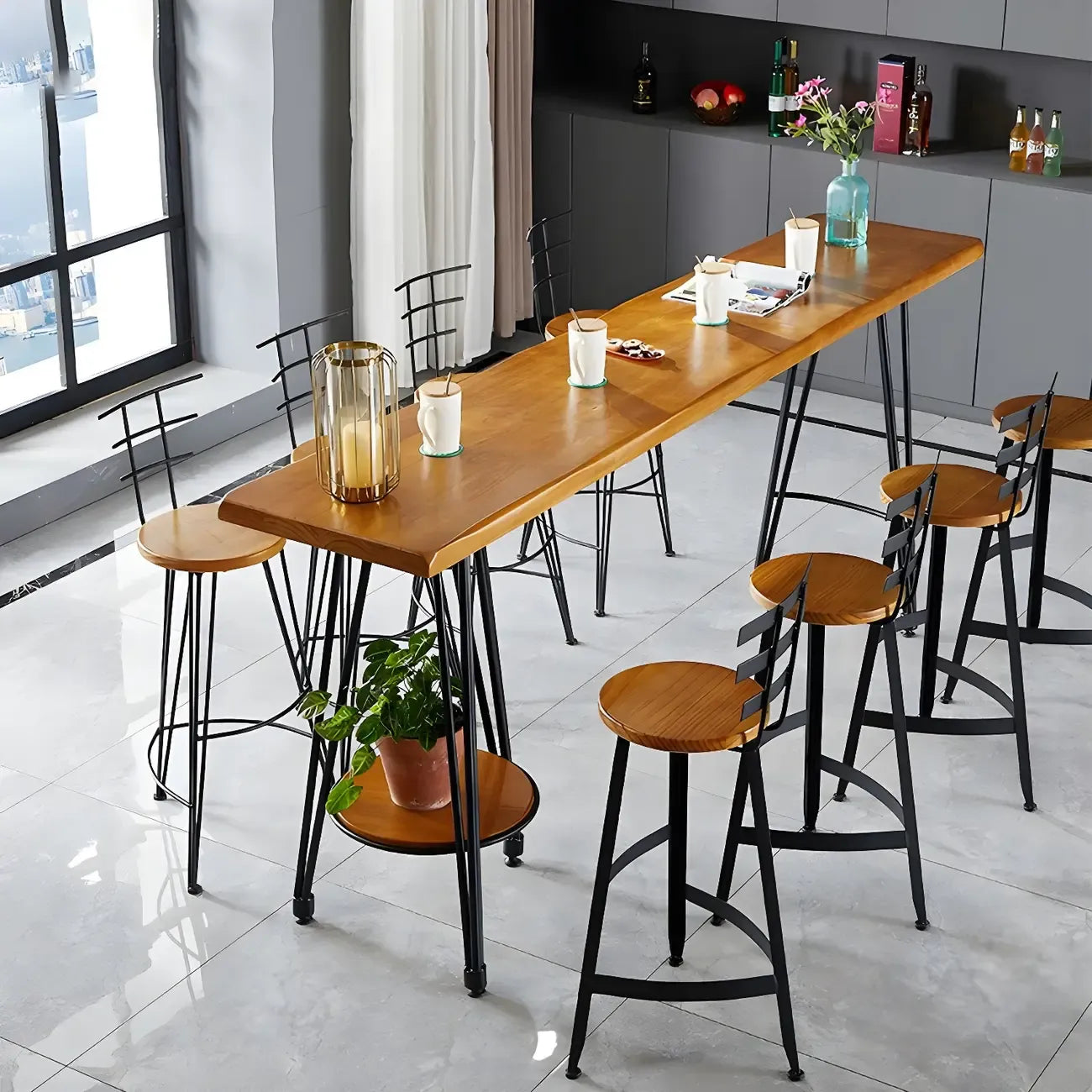 Ensemble de bar élégant en bois massif avec tabourets stylés pour la maison