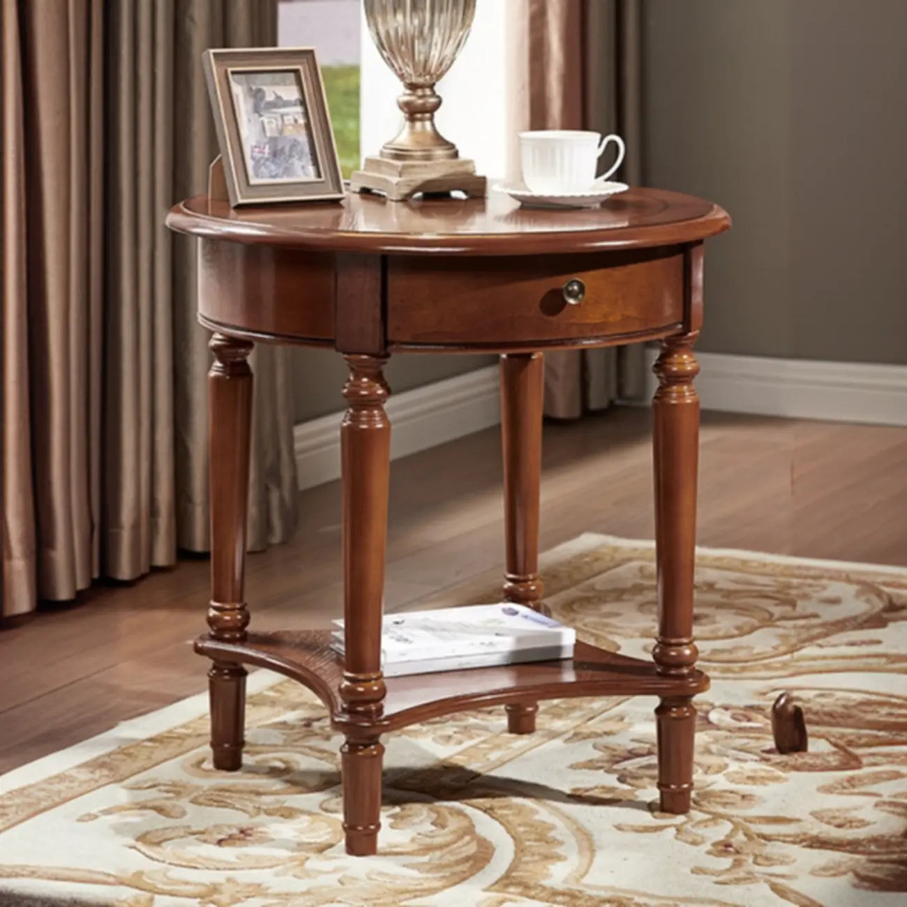 Table d'appoint ronde classique en bois pour salon avec rangement