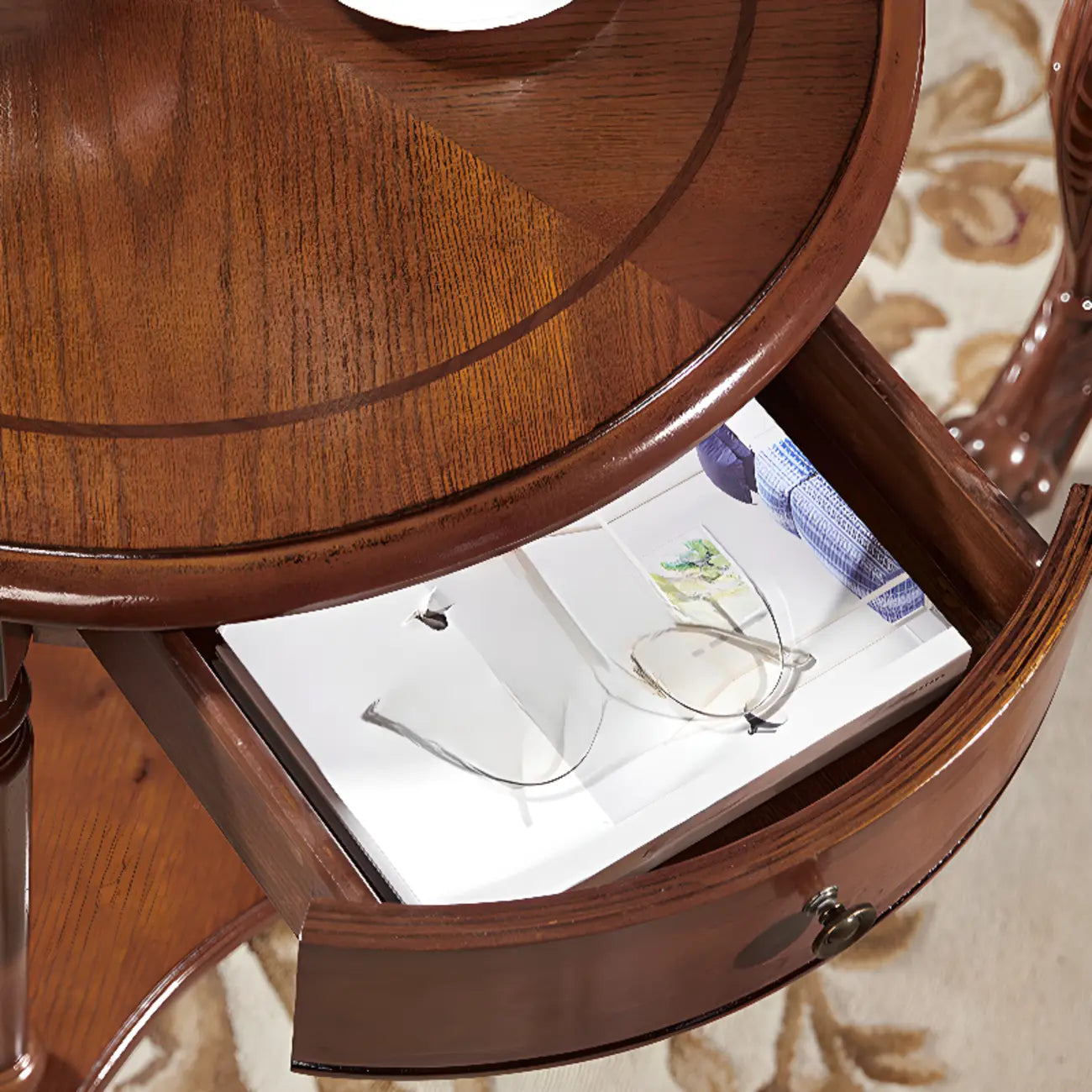 Table d'appoint ronde classique en bois pour salon avec rangement