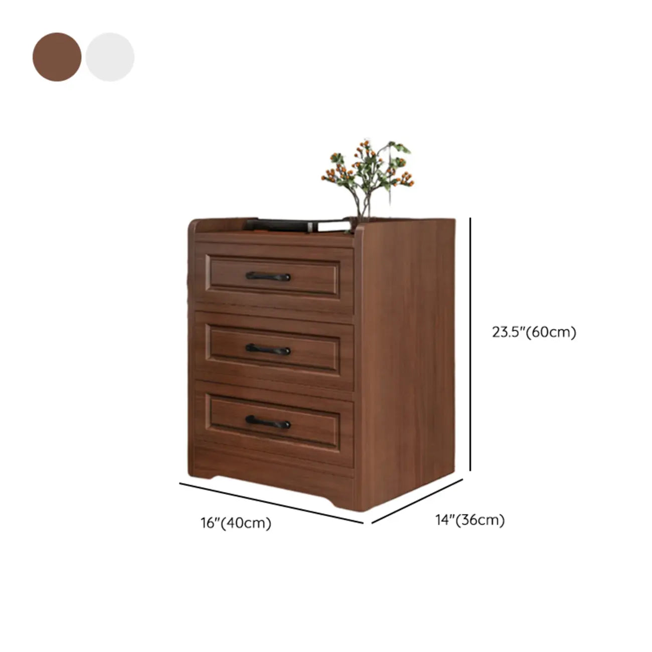 Table de chevet classique étroite en bois blanc avec 3 tiroirs