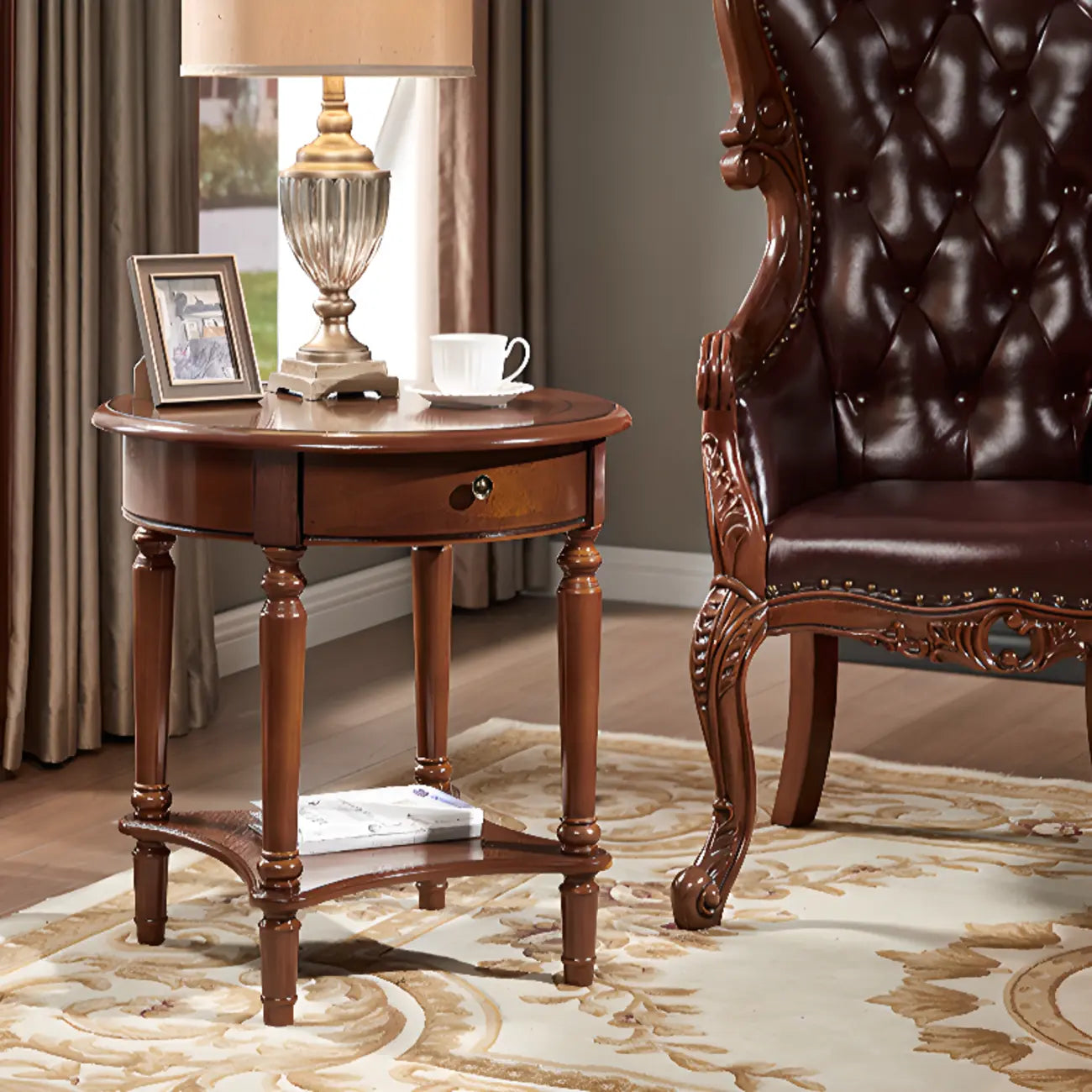 Table d'appoint ronde classique en bois pour salon avec rangement